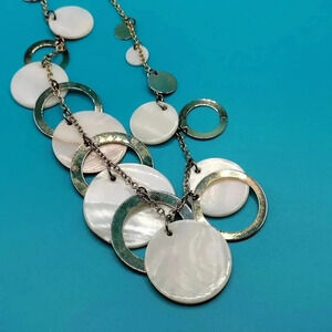 Vintage JC Faux Mother of Pear and  Gold tone disk Necklace 18"